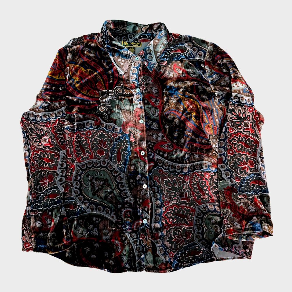 Vintage Mirasol Velvet Burnout Shirt Womens 3X Paisley Floral Button Up Boho